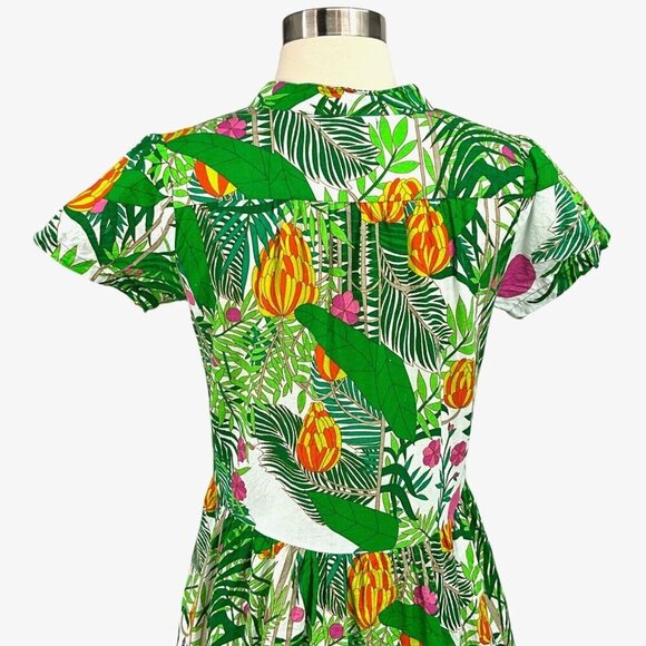 La Plage Alison Short Sleeve Dress Size XS Green Banana Jungle 100% Cotton - Picture 7 of 12